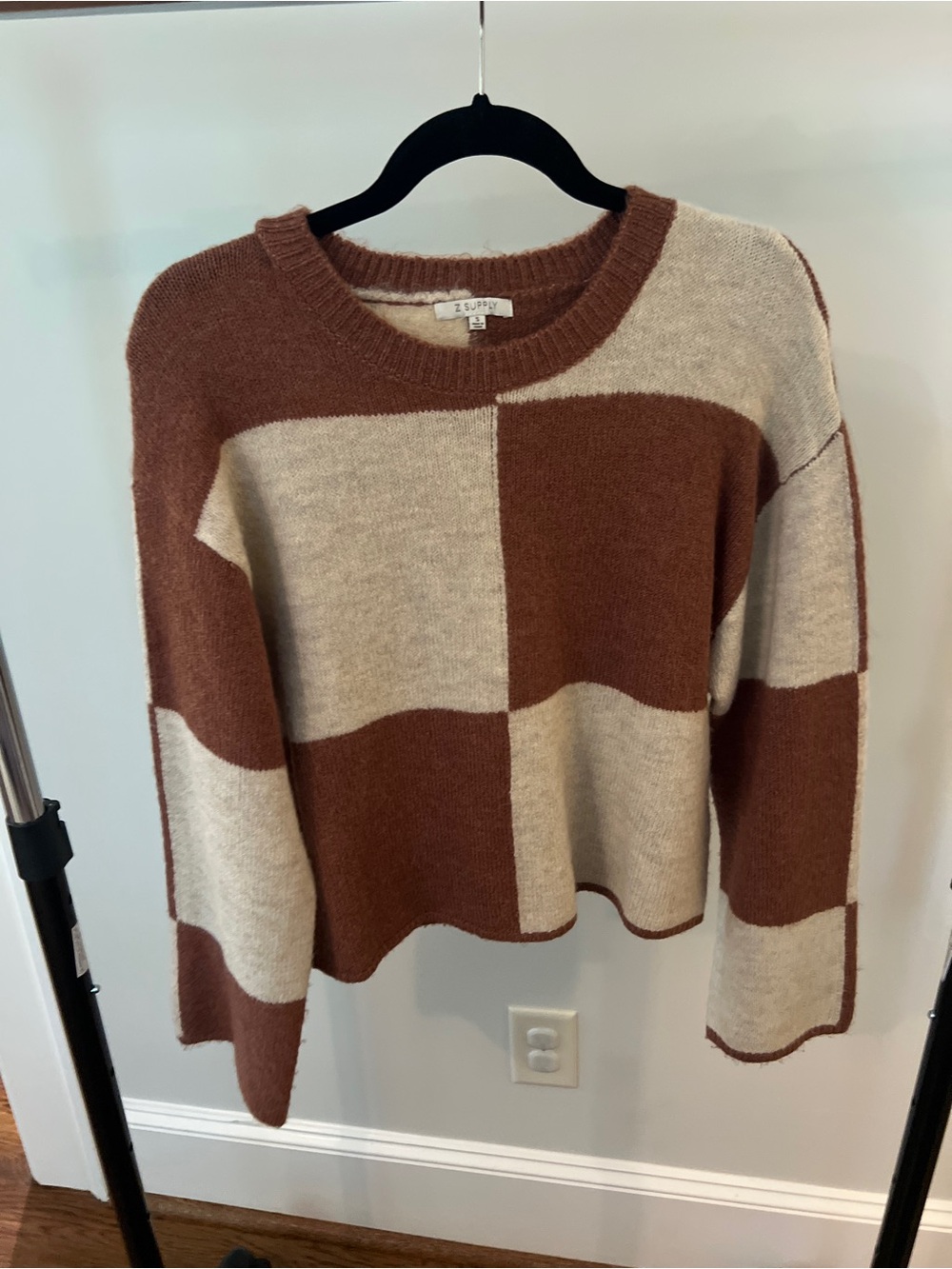 Z Supply Checkerboard Crewneck Sweater in Brown and Cream
